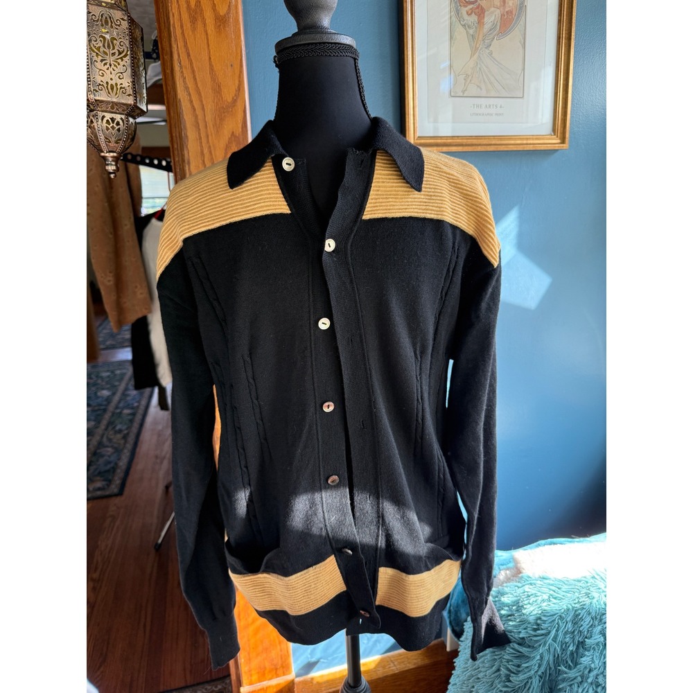 Vintage 60s Gino Savina Italy Wool Cardigan Sweater Black Bowling  Mod Mens M